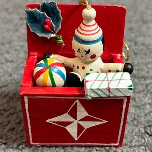 Vintage Red Wooden Christmas Toy Box Ornament Clown Holly Ball Present 2.5”